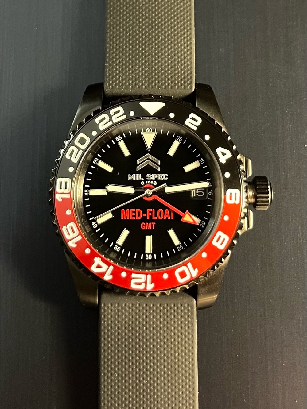 GMT- Watch . Mil-Spec Med-Float black case